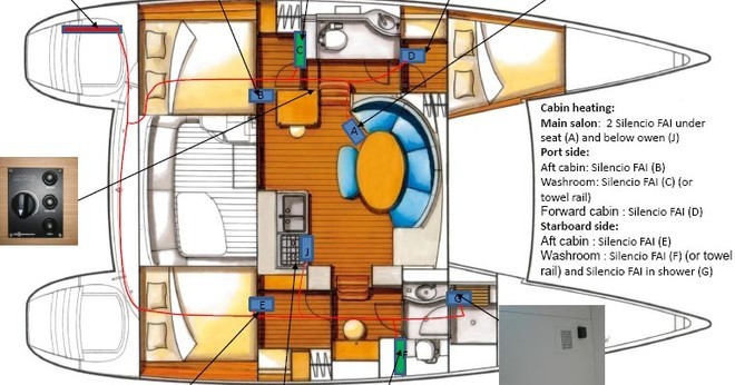 Diagram of Lagoon 380 with heating ducts shown © Johan Strömbäck